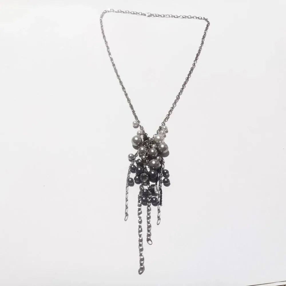 Silver Tone Pearl Rhinestone Tassel Necklace White Gray Pearls Long 28